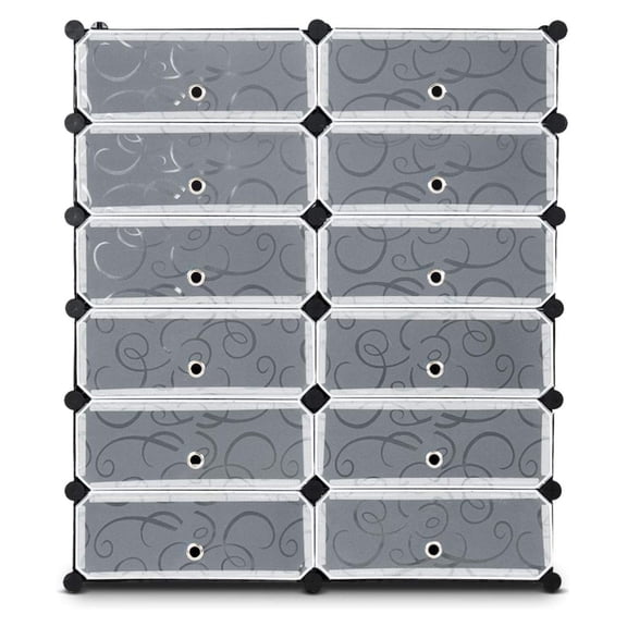 Drevy Shoe Rack 12-Cube DIY Modular Plastic Cabinet Storage Organizer with Doors 6-Tier Shelving Bookcase Storage Unit Closet