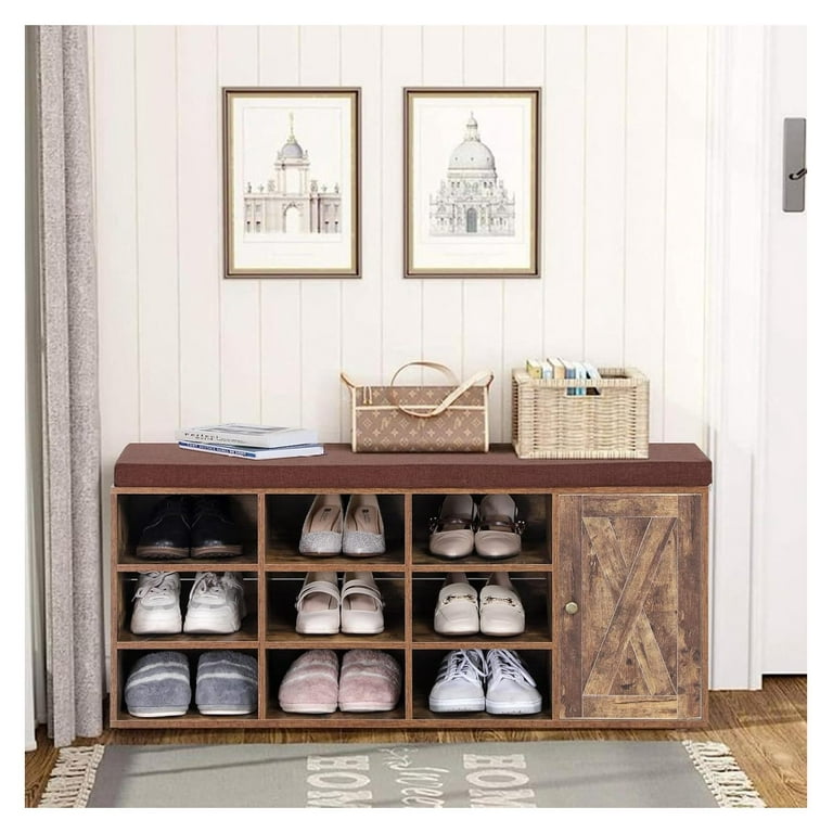 Drevy Shoe Storage Bench Shoe Rack Bench with Barn Door Cabinet 9 Open Compartments Seating Cushion Freestanding Shoe Rack Organizer for Entryway Hallway Bedroom Rustic Brown Large Size Walmart