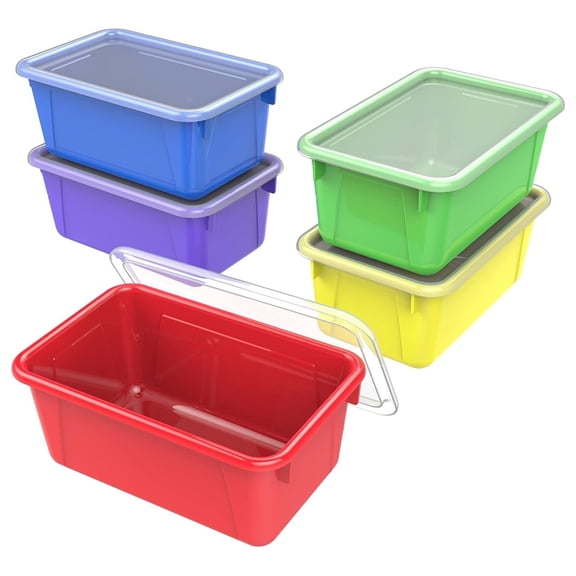 Drevy Small Cubby Bins Plastic Storage Containers for Classroom with Non-Snap Lid, 12.2 x 7.8 x 5.1 inches, Assorted Colors, 5-Pack (62406U05C)