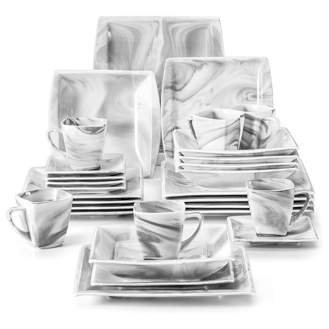 Drevy Square Dinnerware Sets, 30 Piece Marble Grey Dish Set for 6