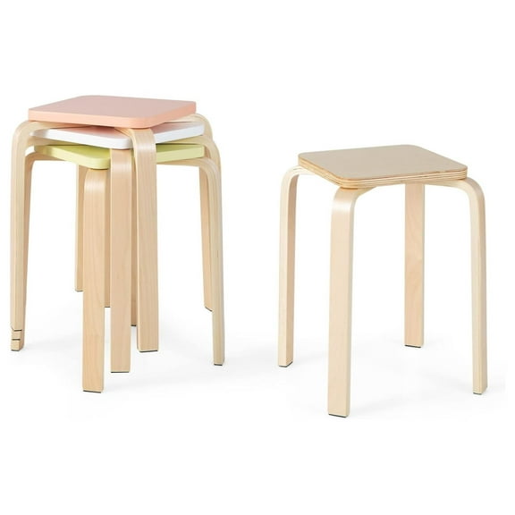 Drevy Stackable Bentwood Stools Set of 4, 18-Inch Height Backless Counter Chairs with Square Top, Anti-Slip Felt Mats, Portable School Stool for Dining Room, Kitchen, Classroom, Assorted Color