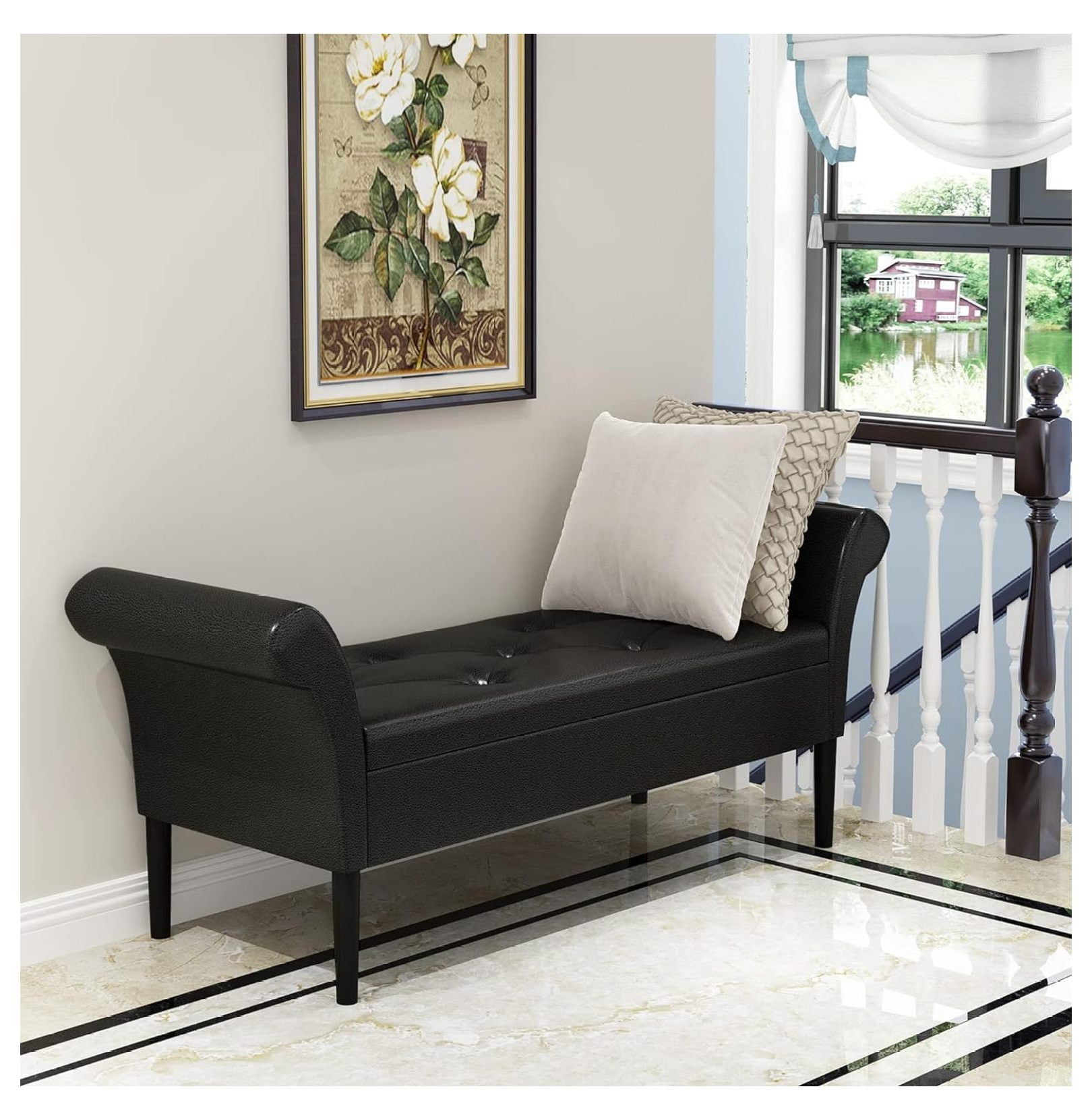 Black Faux Leather Upholstered Storage Ottoman Bench with Arms