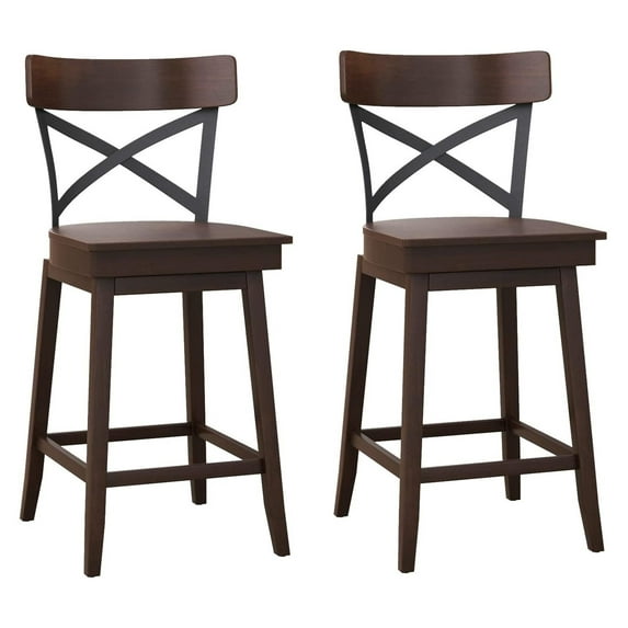 Drevy Swivel Bar Stool Set of 2, 24 Inch Ergonomic Counter Height Chairs with Open X Back & Footrest, 2PCS Vintage Wooden Barstools for Kitchen Island, Pub, Bistro, Café, Brown (2, 24 inch)