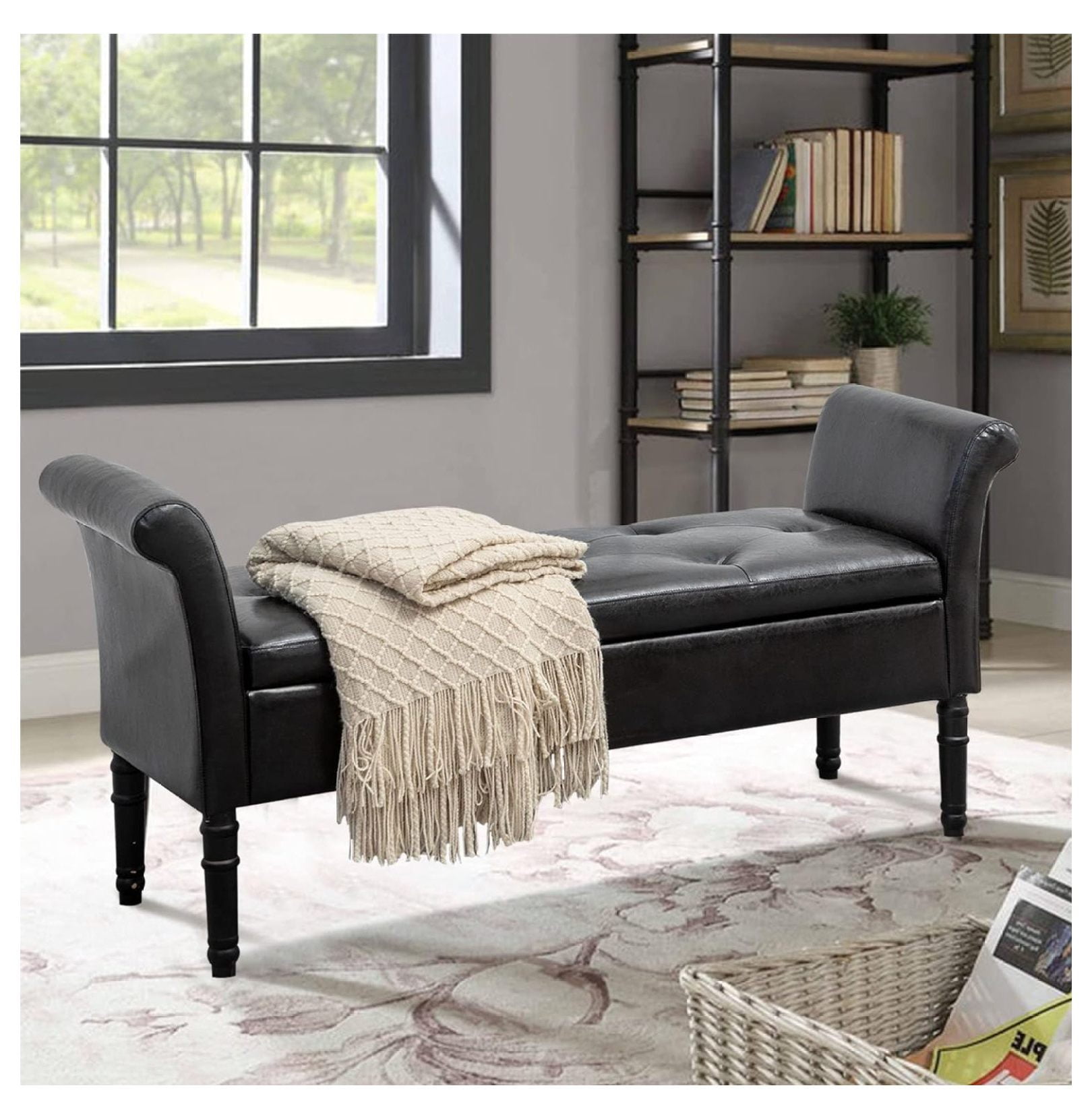 Drevy Upholstered Black Storage Bench for Bedroom End of Bed Bench