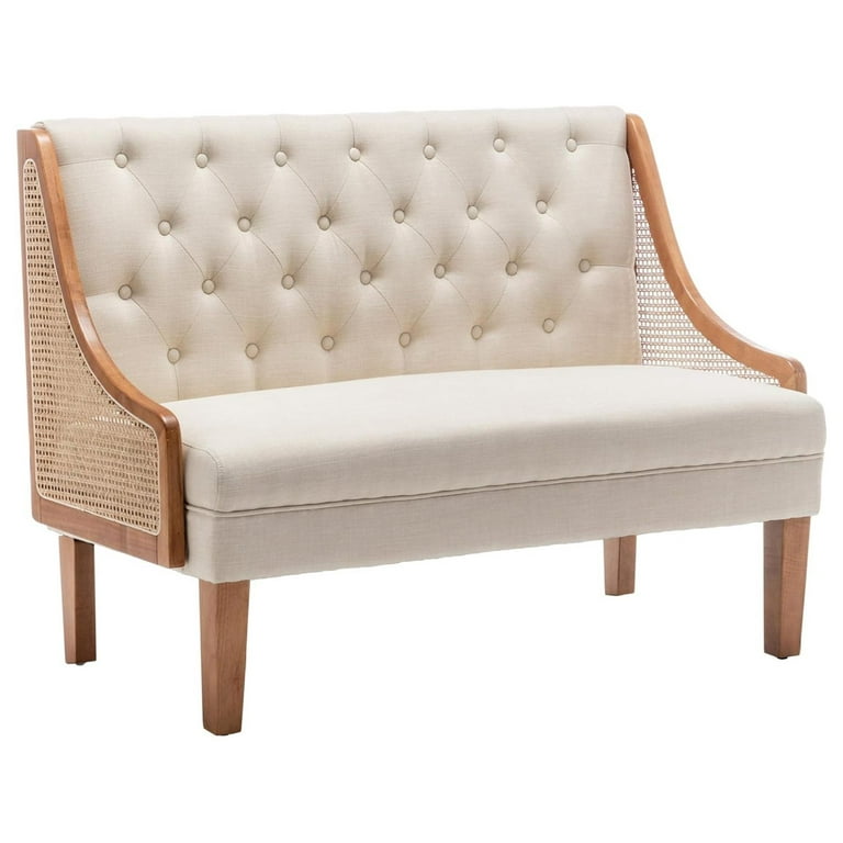 Drevy Upholstered Settee Loveseat Sofa Dining Bench with Back Rattan Banquette Seating for Kitchen Dining Room Living Room Linen Button Tufted Mini