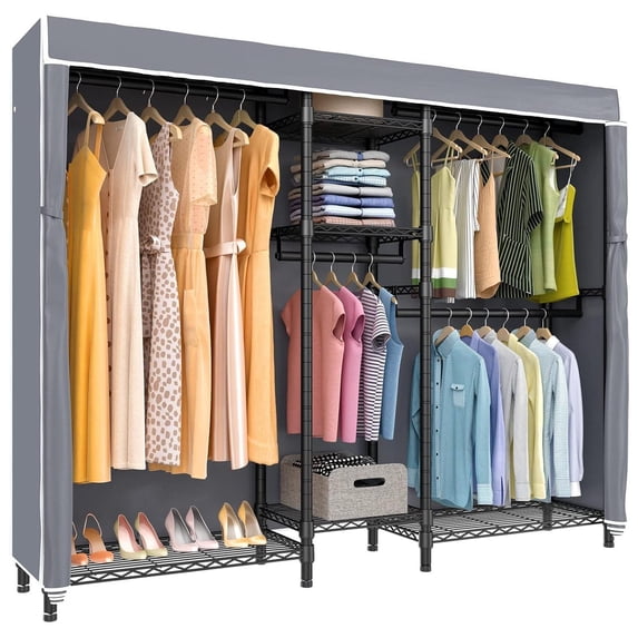 Drevy V6C Heavy Duty Covered Clothes Rack Portable Wardrobe Closet, 5 Tiers Wire Garment Rack Black Metal Clothing Rack with Grey Fabric Cover, 75.6" L x 18.5" W x 76.8" H, Max Load 780 LBS