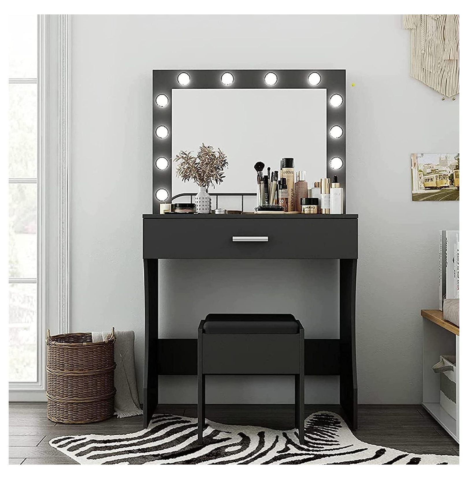 Drevy Vanity Set with Lighted Mirror, Makeup Vanity Table with Lights, Vanity Desk for Bedroom