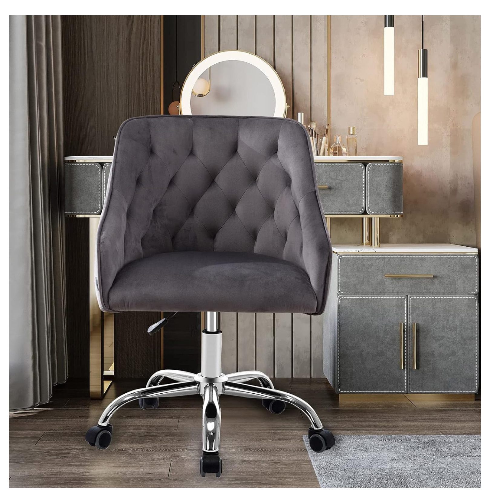 Drevy Velvet Home Office Chair, Modern Swivel Desk Chair on Wheels