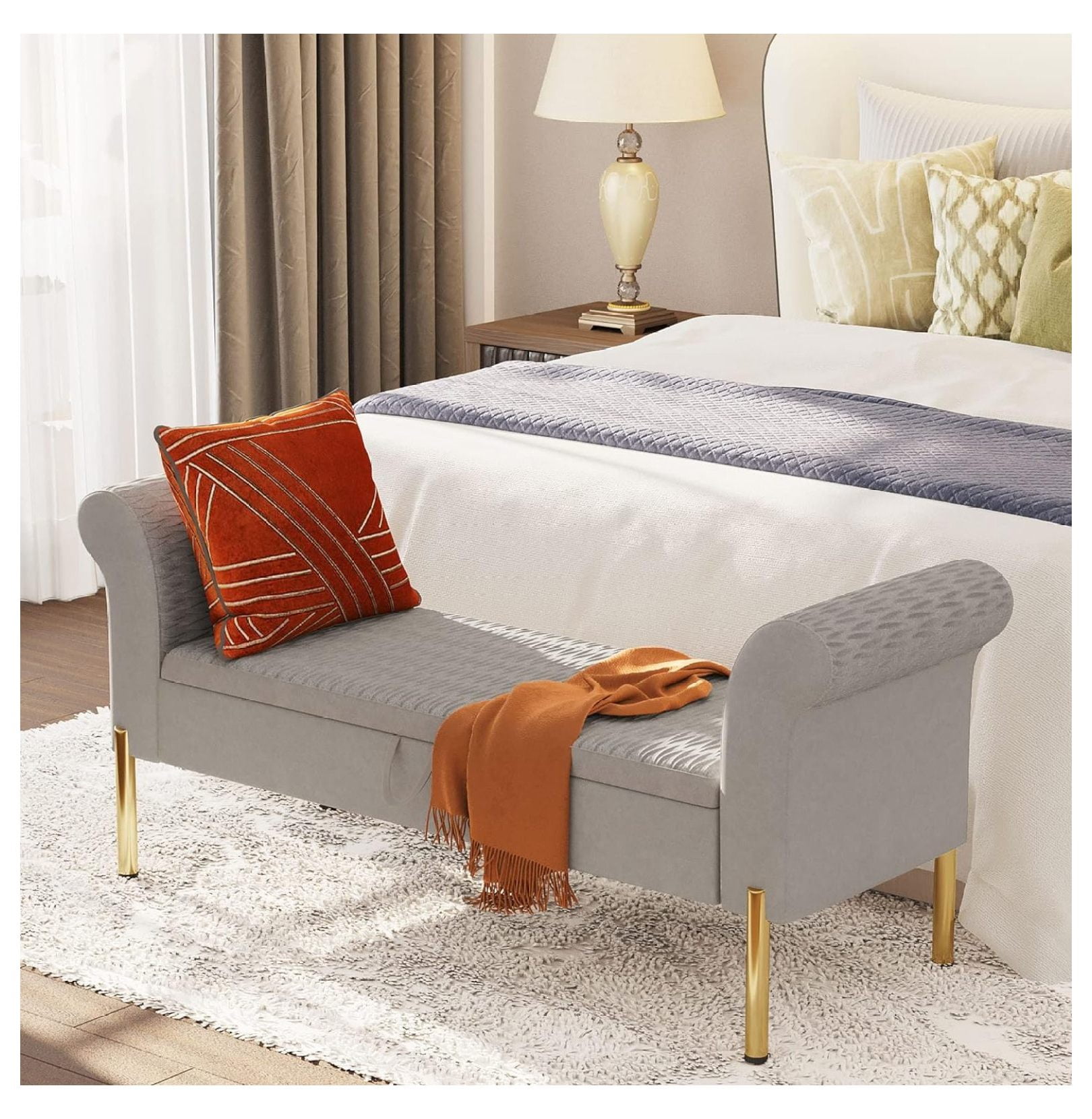 Drevy Velvet Storage Ottoman Bench, Gray Bedroom Bench, Modern Entryway