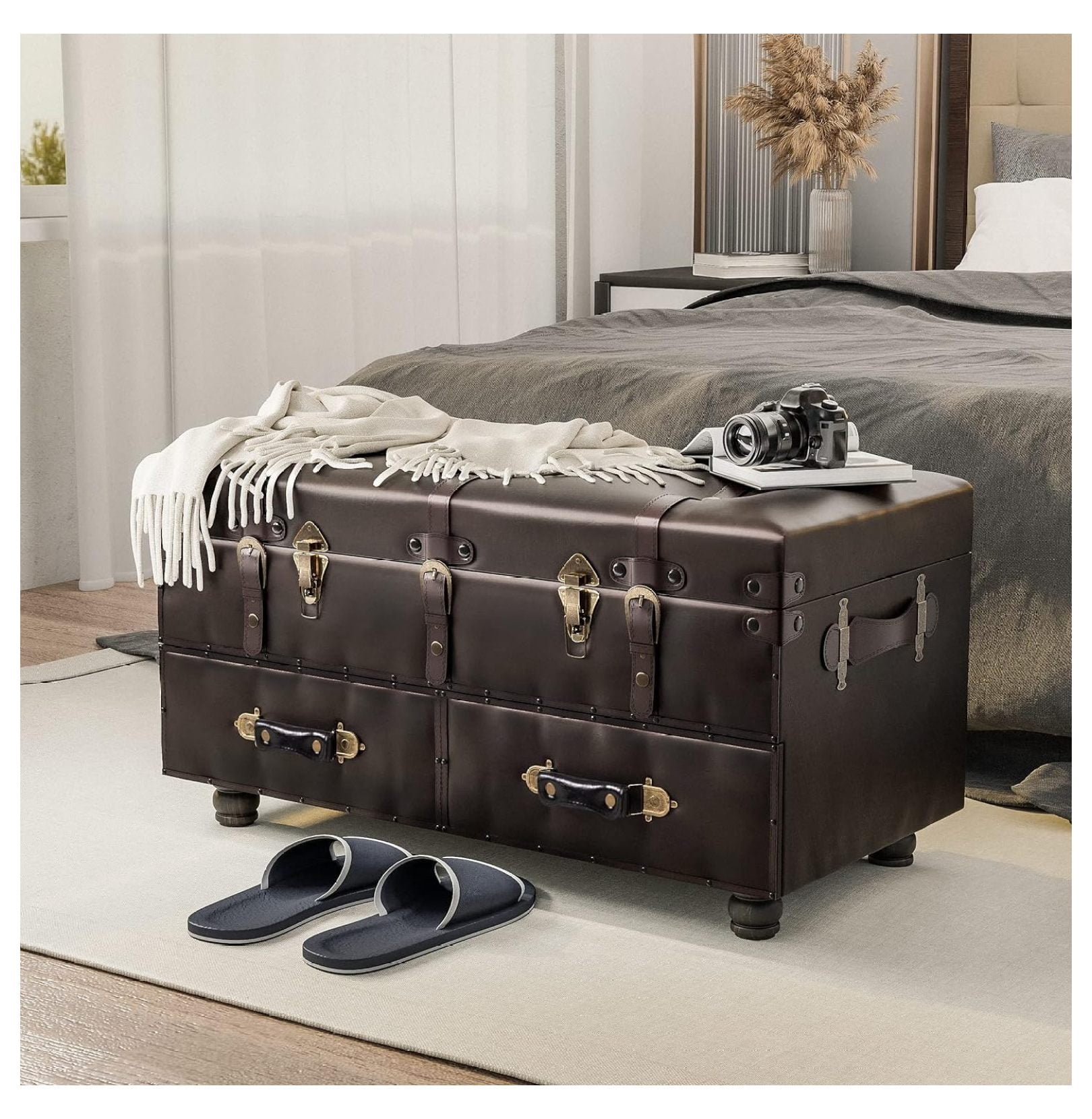 Drevy Vintage Storage Bench Upholstered Century Faux Leather Storage