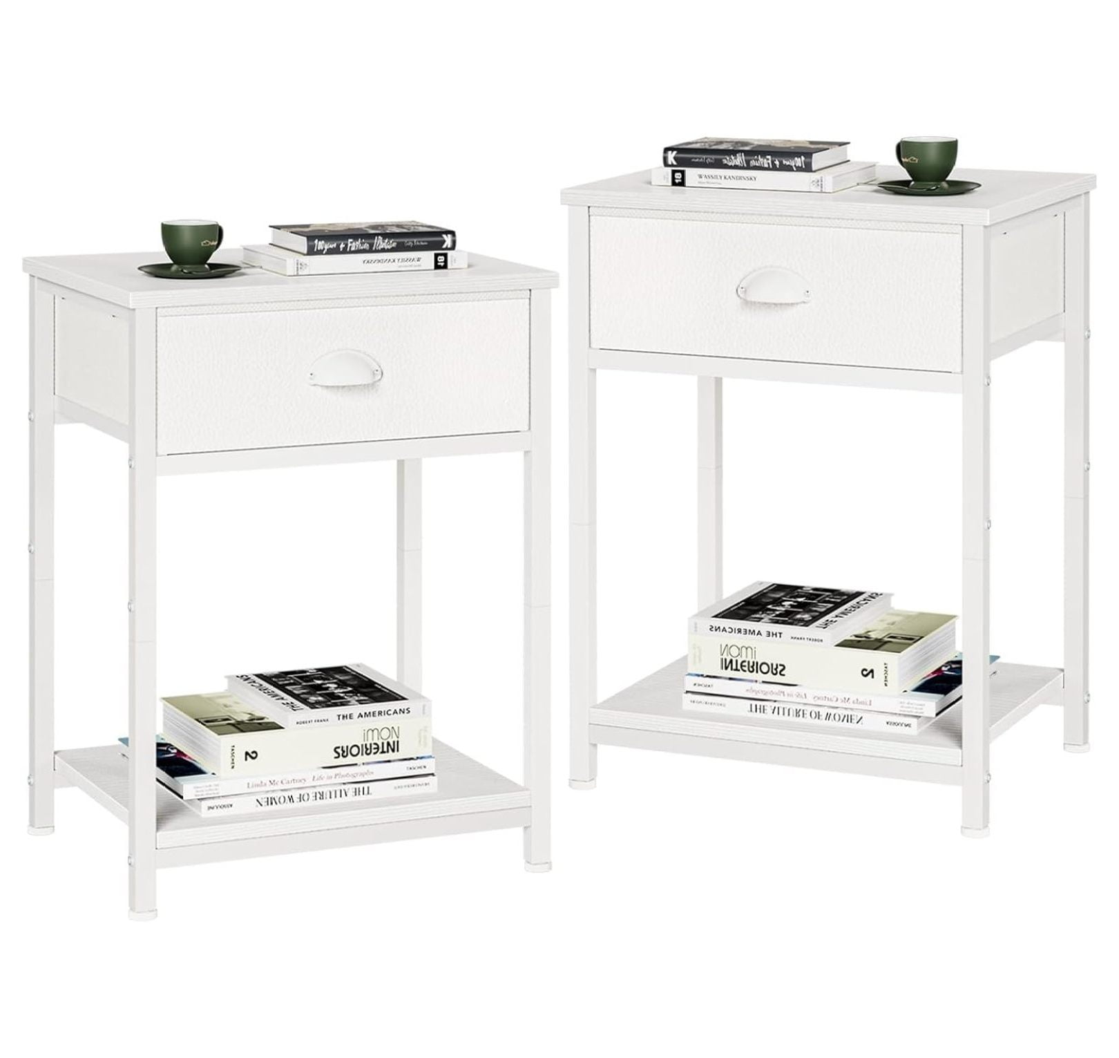 Nightstand, Side Table with Fabric Drawer White - Set of 2