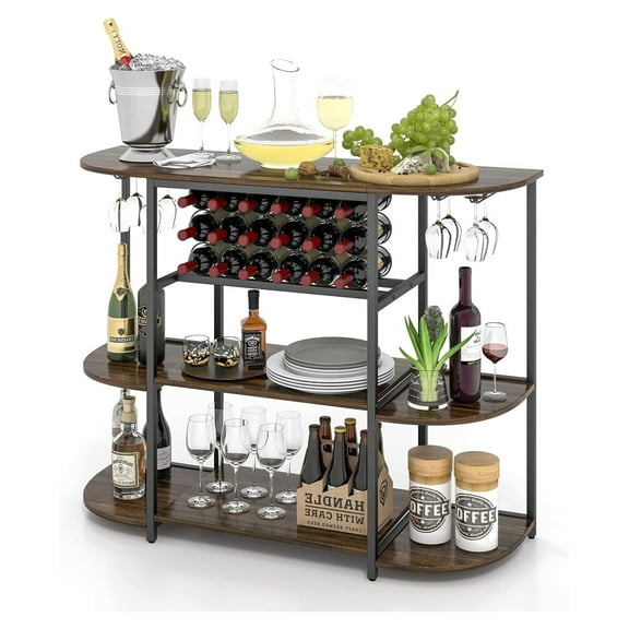 Drevy Wine Rack Table, 47 Inches Industrial Wine Bar Cabinet with Wine Rack & Glass Holders, Freestanding Floor Bar Storage Cabinet for Liquor and Glasses for Home Kitchen Dining Room (Rustic Brown)