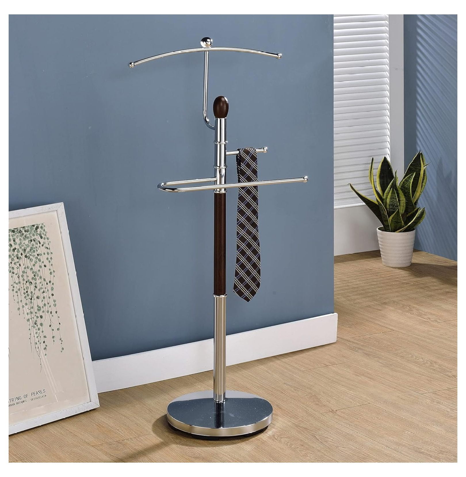 Walnut and Chrome Metal Suit Valet Rack Stand Organizer