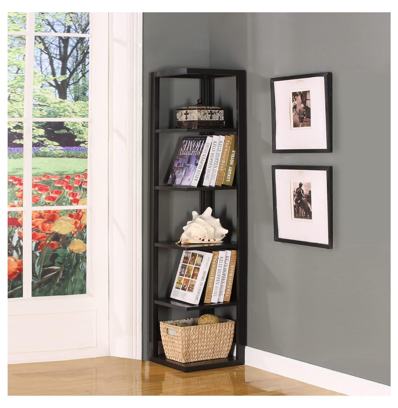 Drevy Wood Wall Corner 5-Tier Bookshelf Case, Espresso Finish - Walmart.com