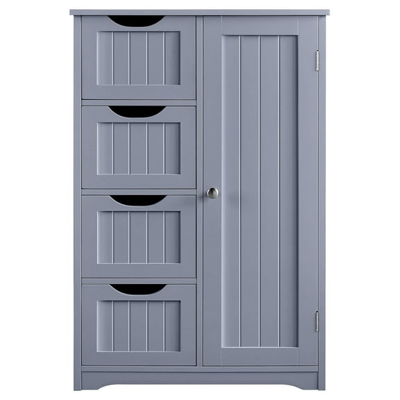 Drevy Wooden Bathroom Floor Cabinet, Standing Side Cabinet w/4 Drawers & 3 Tier Cupboard Storage Organizer Unit Hallway/Entryway Cabinet, Gray