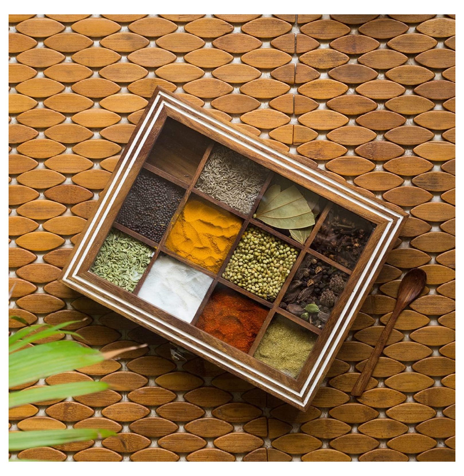 Drevy Wooden Indian Spice Box With Spoon (12 Compartments, 90 ML Each