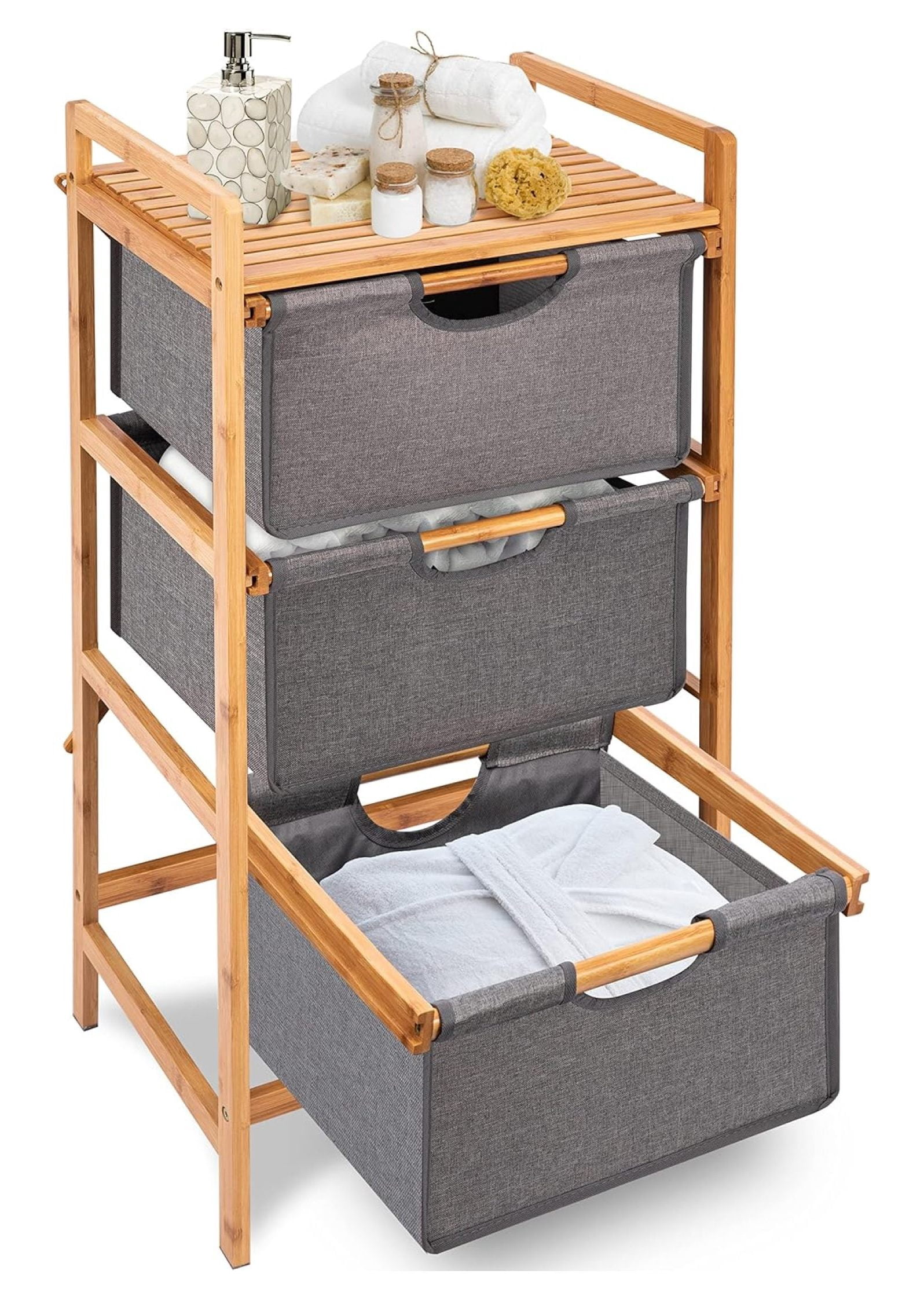 Strew Part Compartment DrevyHome 3 Section Freestanding Bamboo Bathroom Organizer with Pull ...