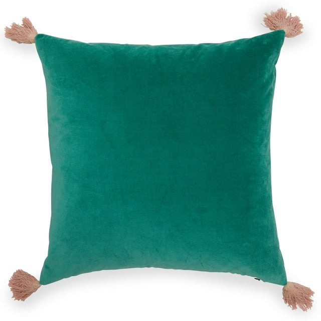 Drew Barrymore Flower Home Velvet Decorative Throw Pillow with Tassels, 20" x 20", Green
