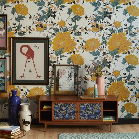 Drew Barrymore Flower Home Yellow Vintage Floral Peel and Stick Wallpaper