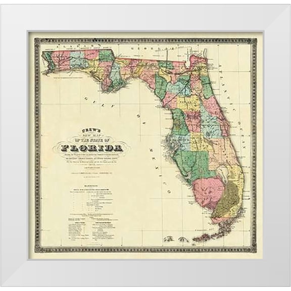 Drew, Columbus 12x12 White Modern Wood Framed Museum Art Print Titled - New Map of The State of Florida, 1870