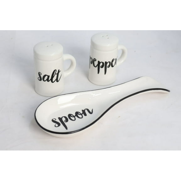 Drew DeRose Designs ceramic cream and black spoon rest and salt/pepper set