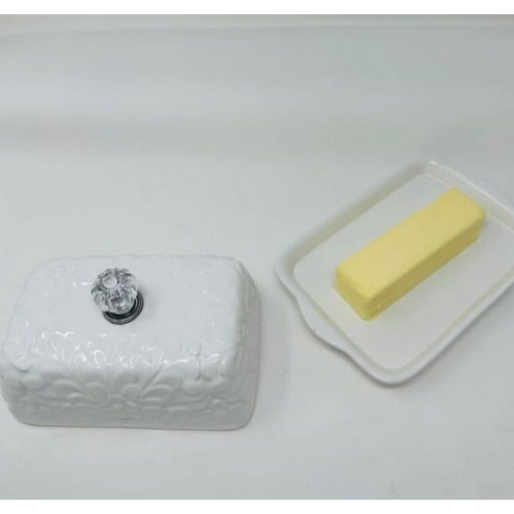Drew DeRose Designs  white floral  butter dish with crystal  knob 7"L x 5"W x 2.5"H