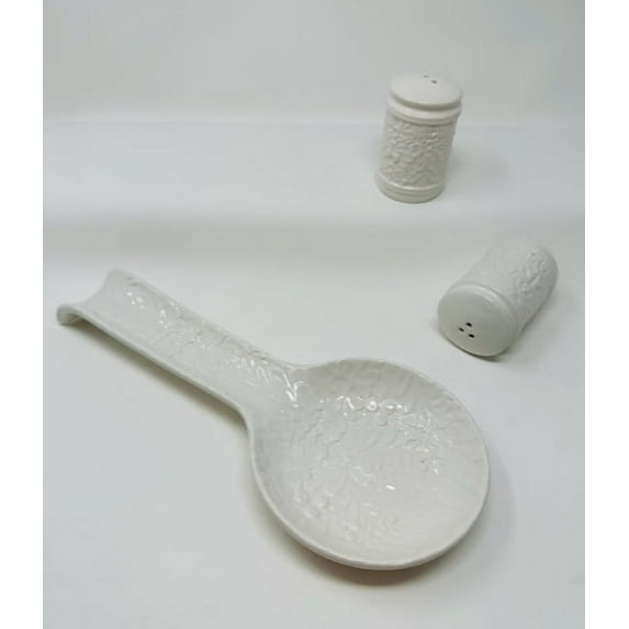 Drew DeRose Designs white floral spoon rest and salt/pepper set