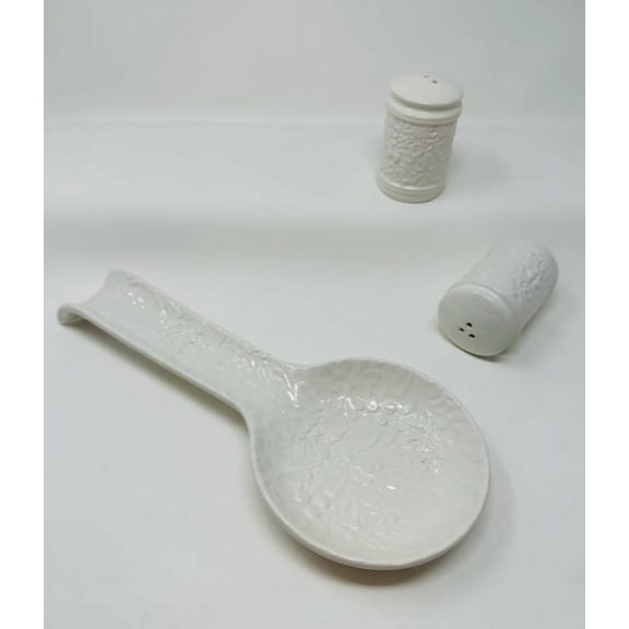 Drew DeRose Designs white floral spoon rest and salt/pepper set