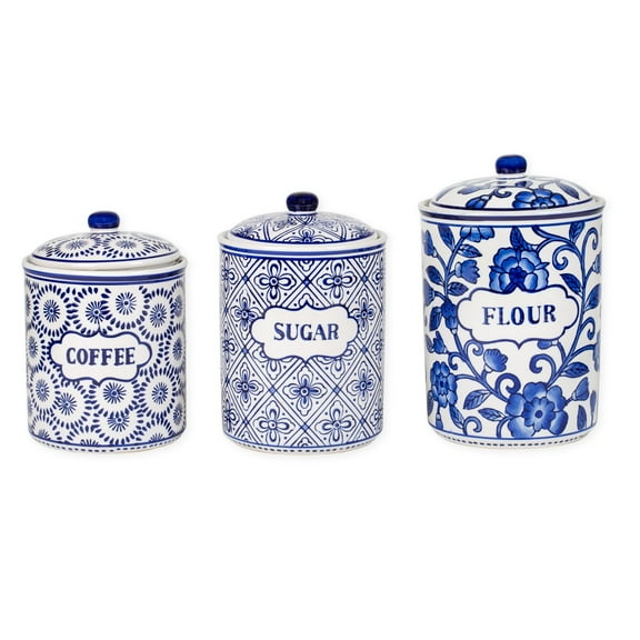Drew Derose Blue White Patterned Ceramic 3 Pc Canister Set