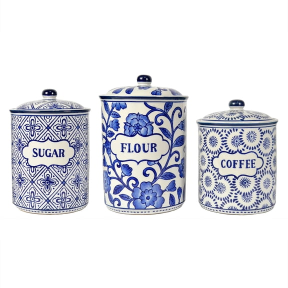 Contemporary Home Living Set of 3 Blue and White Floral Designed Canister 11"