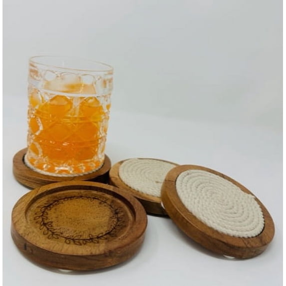 Drew Derose Designs wooden coaster with corded insert(set of 4) 4x2.25”
