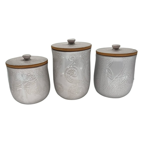 Drew Derose Whitewash Paisley 8.5, 7, 5.5 Ceramic Kitchen Jar Canisters Set of 3