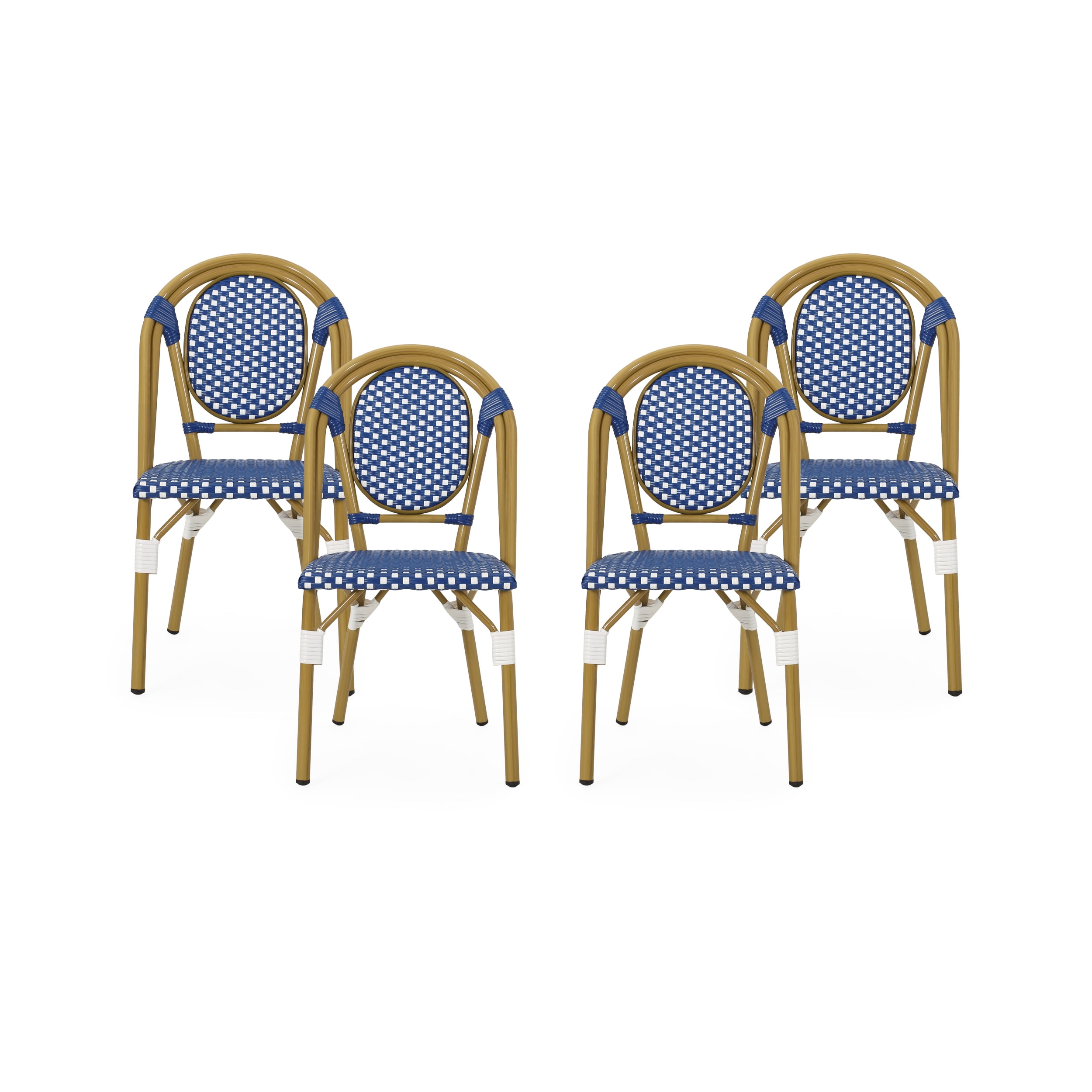 Drew Outdoor French Bistro Chairs, Set of 4, Blue, White, Bamboo Finish