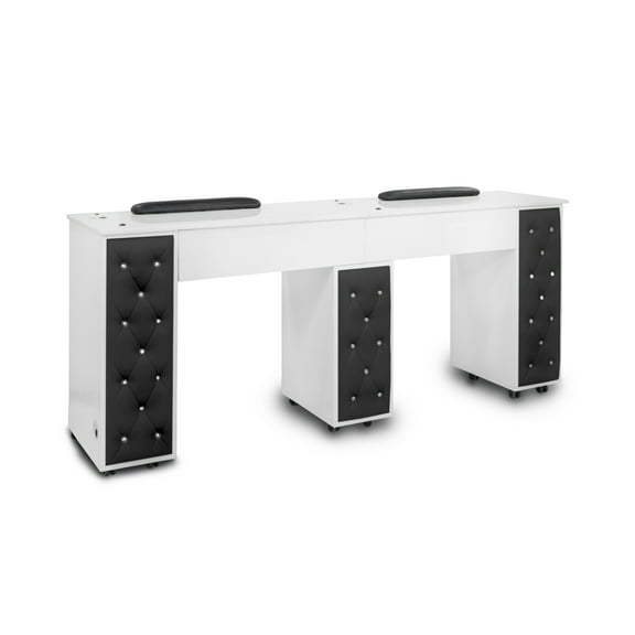 Drexel Manicure Table (Double) Tufted Side Panel Nail Desk with Marble Top, Modern Black Diamond