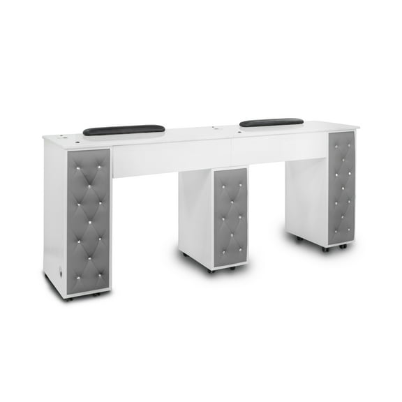 Drexel Manicure Table (Double) Tufted Side Panel Nail Desk with Marble Top, Modern Grey Diamond