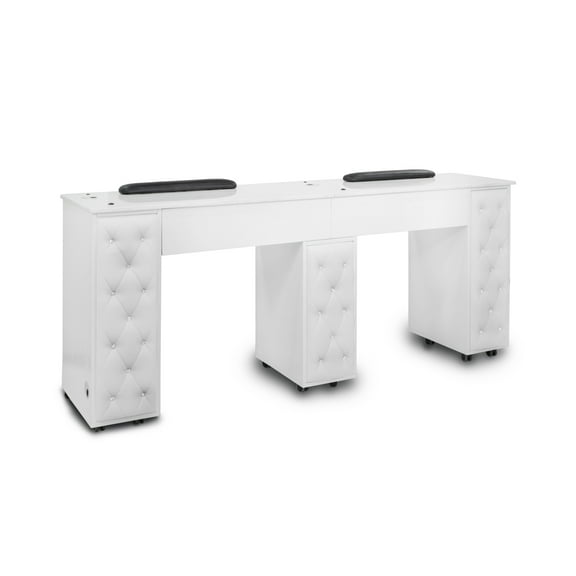 Drexel Manicure Table (Double) Tufted Side Panel Nail Desk with Marble Top, Modern White Diamond