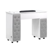 Drexel Manicure Table Tufted Side Panel Nail Desk with Marble Top, Modern Grey Diamond