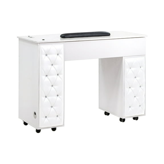 Drexel Manicure Table Tufted Side Panel Nail Desk with Marble Top, Modern White Diamond