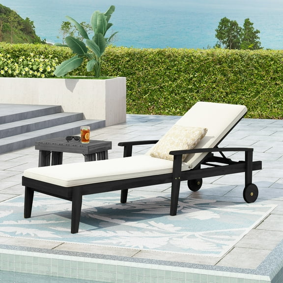 Drezden Outdoor Patio Chaise Lounge with Castors, Acacia Wood, Black + White
