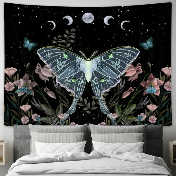 Drgilau Blue Moth Tapestry Wall Hanging, Moon Phase Stars Cute Plants Butterfly Floral Botanical Nature Aesthetic Celestial Wall Tapestries for Bedroom Home Living Room Dorm 60X40 Inch