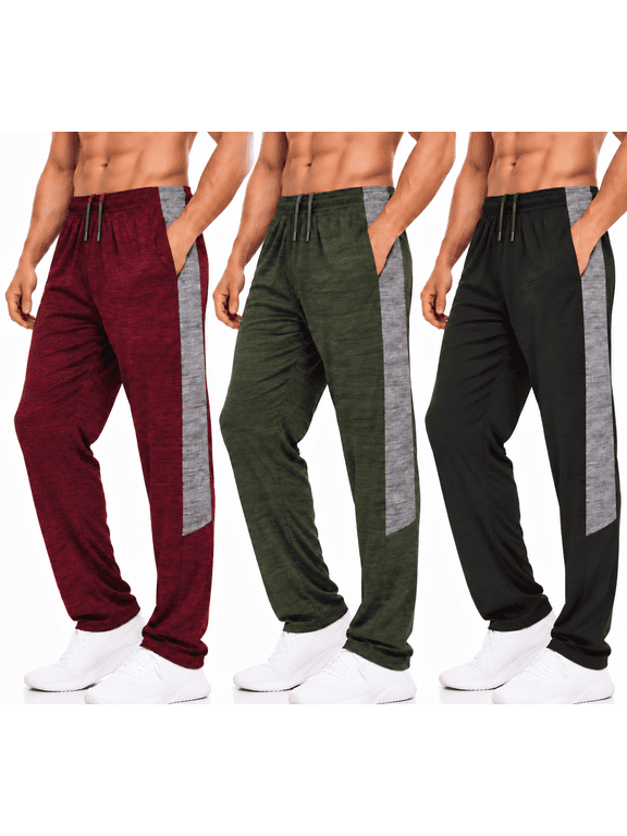 Men’s Dri-Fit Pants 3-Pack, Moisture-Wicking Open Bottom Athletic Pants with Pockets, Drawstring Waist, Sizes S-3XL
