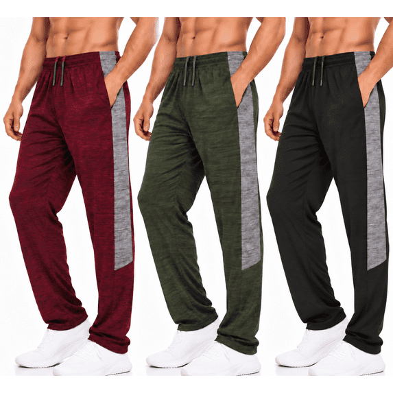 DARESAY Men’s Dri-Fit Athletic Pants 3-Pack, Moisture-Wicking Quick-Dry Workout Pants with Pockets & Drawstring Waist, Open Bottom, Sizes S-3XL