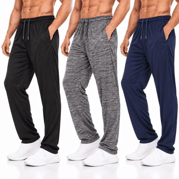 Daresay Men’s Dri-Fit Pants 3-Pack, Moisture-Wicking Open Bottom Athletic Pants with Pockets, Drawstring Waist, Sizes S-3XL