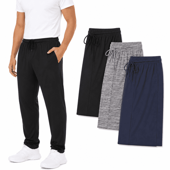 Daresay Men’s Dri-Fit Pants 3-Pack, Moisture-Wicking Open Bottom Athletic Pants with Pockets, Drawstring Waist, Sizes S-3XL