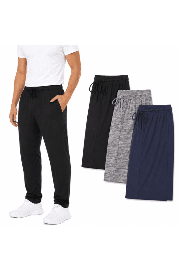 Mens 3 Pack Men's Sweatpants Open Bottom Active Athletic Pants Dry Fit Jogger Running Workout Gym Pants with Pockets (Up to 3XL)