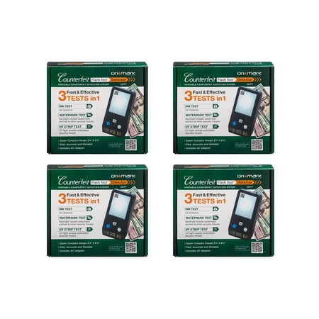 Dri Mark Flash Test Counterfeit Bill Detector, 3 Easy Tests in One Small Device, Watermark, Ink, Security Strip, Fast Money Checker, Fake Currency Detection Machine, Maintenance Free - 4 Pack