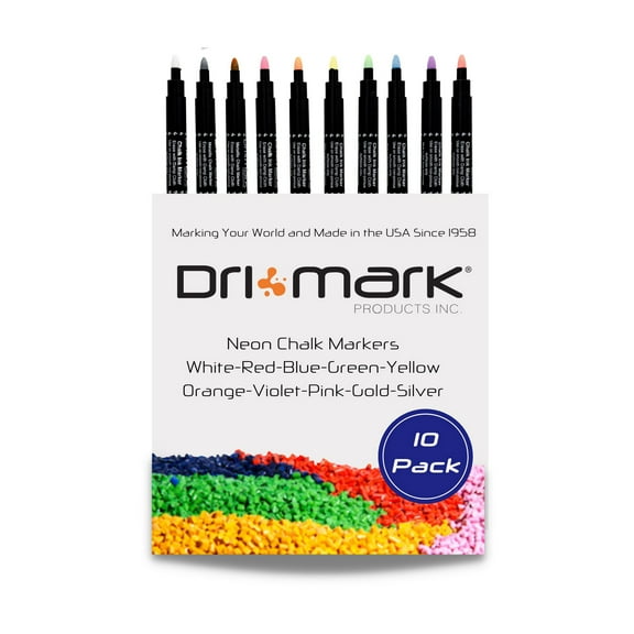 Dri Mark Liquid Chalk Markers 8 Neon + 2 Free Gold & Silver Metallic Chalk Markers 10 Pack, Made in USA, Non-Toxic, Odor Free, No Shaking, Pumping, Leaks or Spills, Wet Erase on Non-Porous Surfaces