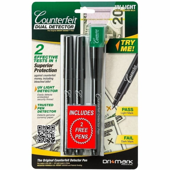 Dri-Mark Smart Money Counterfeit Detector Pen with Reusable UV LED Light -DRI351UVB
