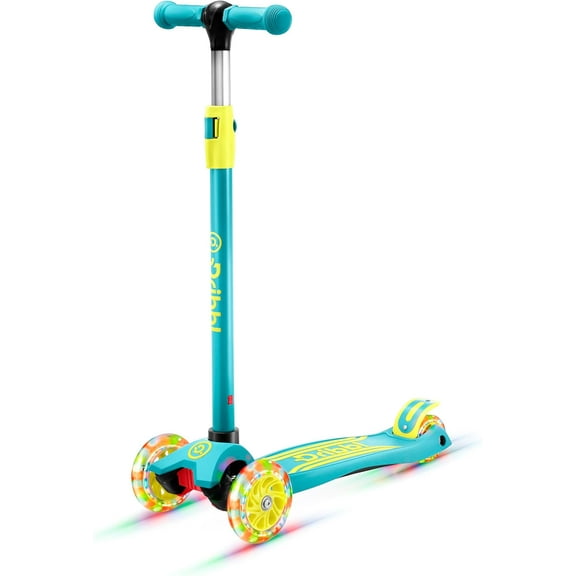 Dribbl 3-Wheel Kids Scooter - Lean-to-Steer Technology, Adjustable Height Handlebar, Wide Deck, Scooter for Boys & Girls Ages 2+, Child Safety Approved, Support Riders Up to 165 lbs, Aqua and Yellow
