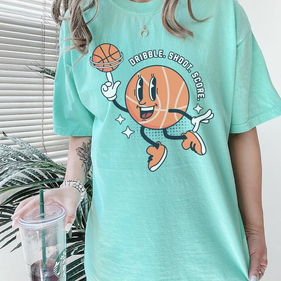 Dribble Shoot Score Basketball Comfort Colors Shirt, Basketball Mom Shirt, Unisex Basketball Comfort Colors Shirt, Game Day Basketball Tee (Colors:Island Reef; Sizes:L;)
